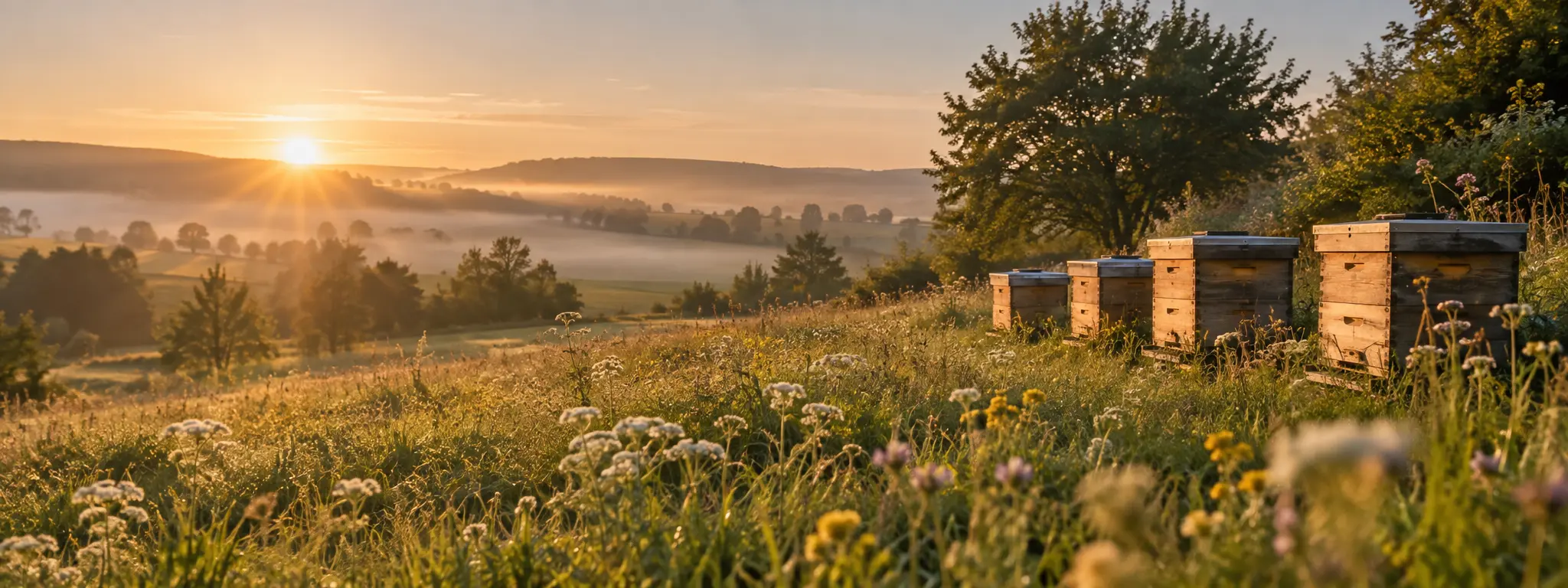 Bienenstände in einer blühenden Landschaft im warmen Morgenlicht