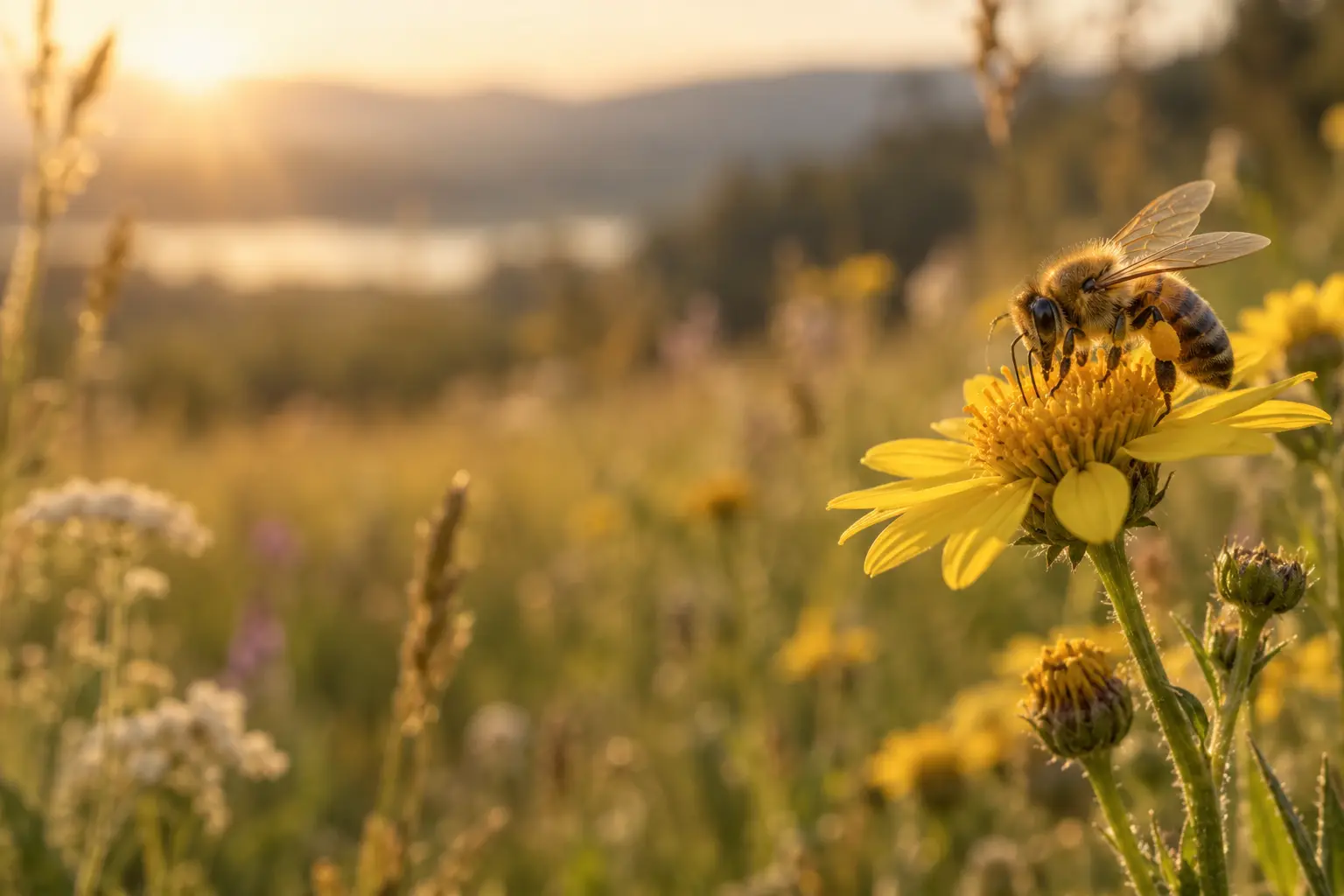 Honigbiene auf einer gelben Wildblume im warmen Abendlicht