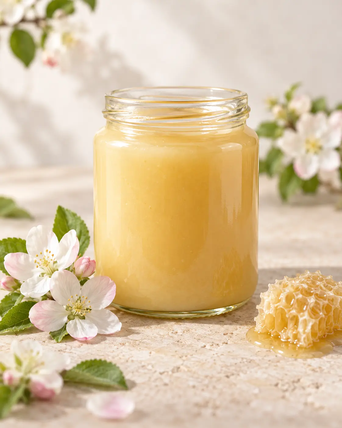 Cremiger Frühtrachthonig zwischen weißen Obstblüten